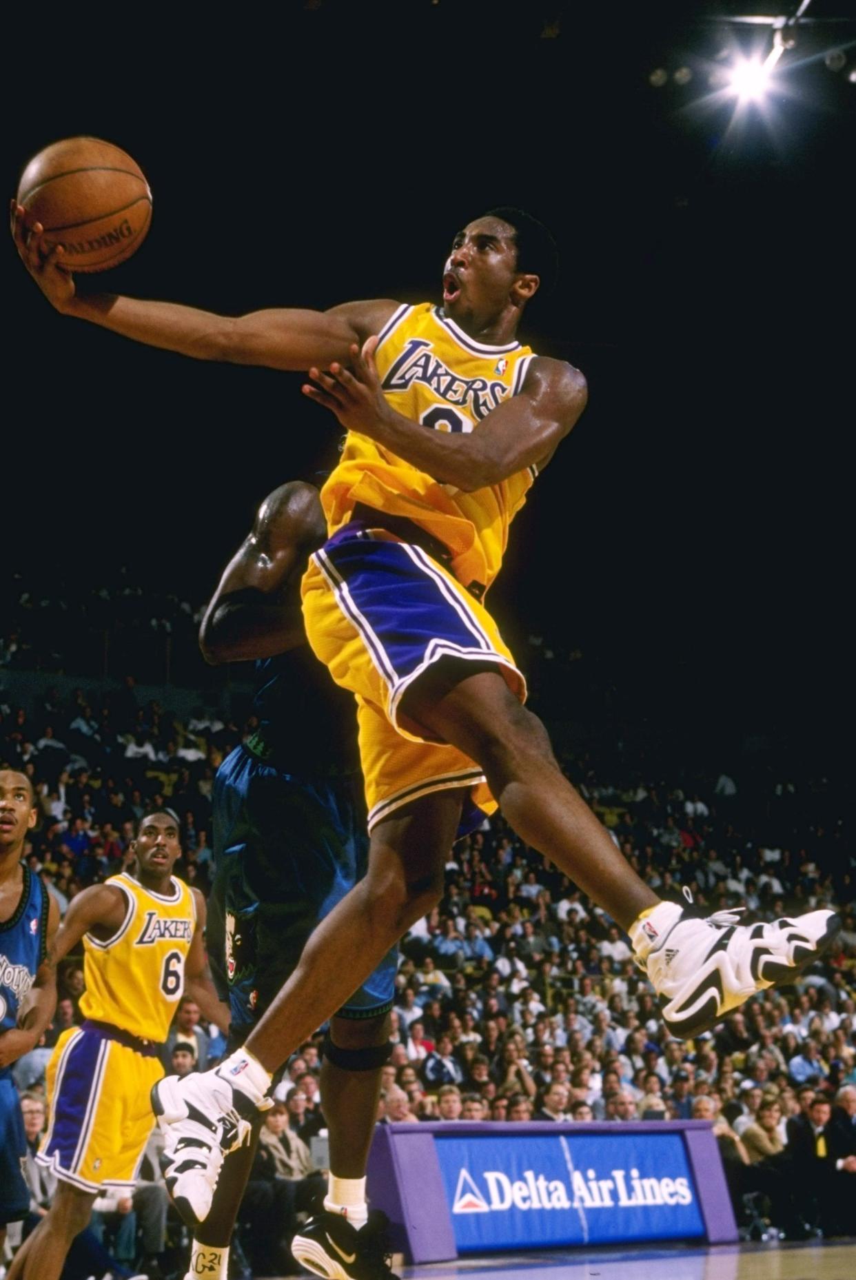 19 Dec 1997: Kobe Bryant of the Los Angeles Lakers goes up for a basket during the Lakers 118-93 win over the Minnesota Timberwolves at the Great Western Forum in Inglewood, California.