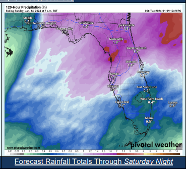 Forecast rainfall totals through Saturday night, Jan. 13, 2024.