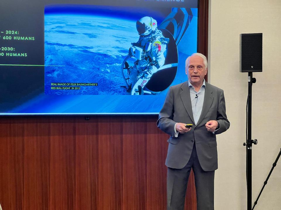 Carlos Mira, CEO of Halo Spaceflight, speaks at a press conference in the Peninsula Hotel in London.