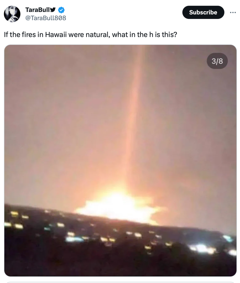 False claims that a ‘directed energy weapon’ strike caused the Maui wildfires have been attracting millions of eyeballs online (Twitter)