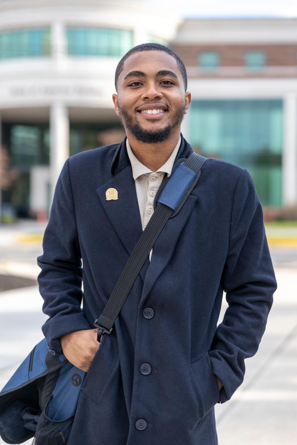 David Hawkins, senior and president of the Student Government Association, poses on Delaware State University's main campus in Dover, Delaware, on Nov. 17, 2022.