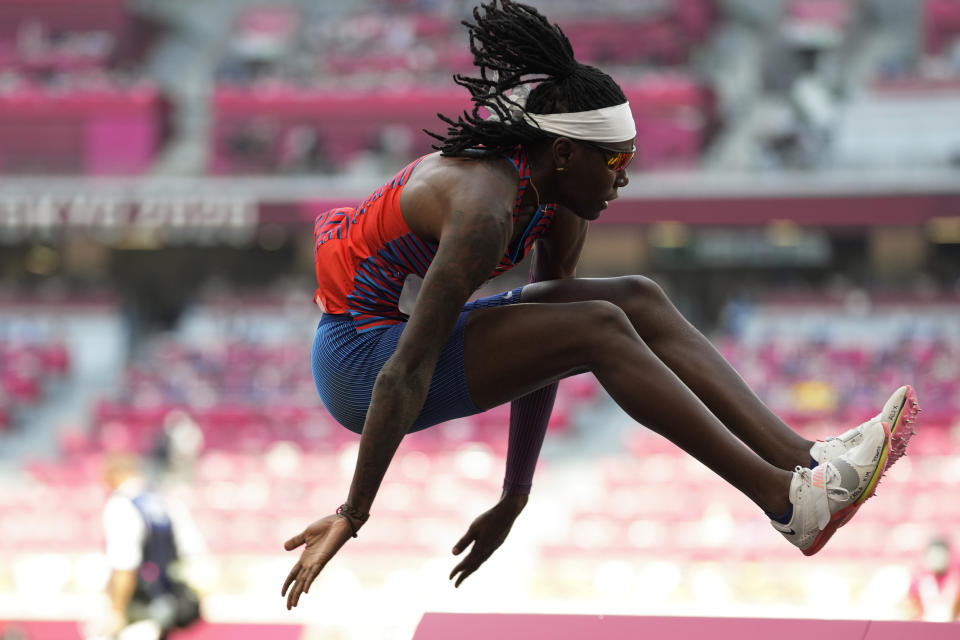 Brittney Reese, of United States, competes in a qualification for the women's long jump at the 2020 Summer Olympics, Sunday, Aug. 1, 2021, in Tokyo. (AP Photo/Martin Meissner)