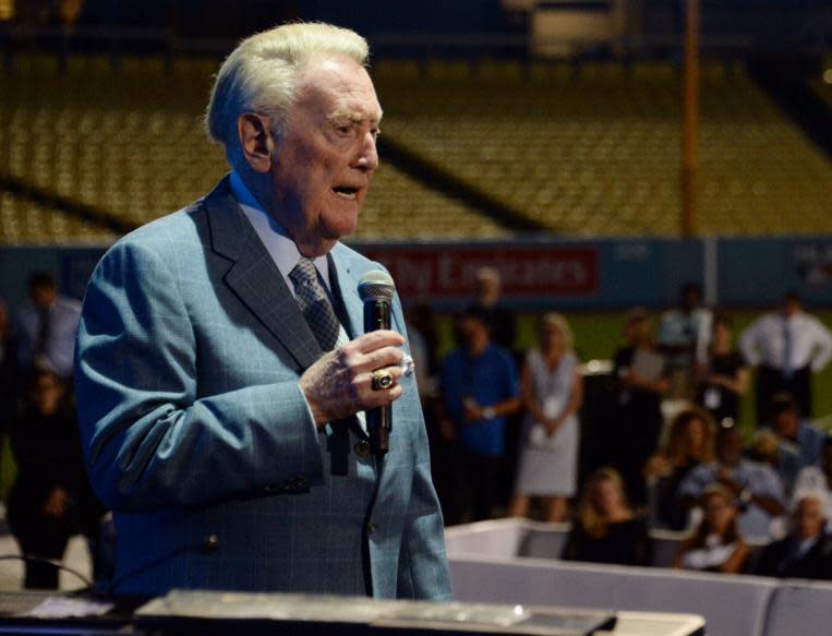 Vin Scully appears before the crowd during the Dodgers Gala on Thursday. (Dodgers)