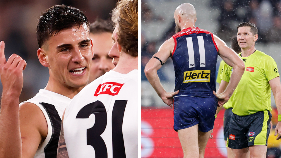 AFL great Jonathan Brown questioned whether Collingwood would boost Nick Daicos' (pictured left) stats to secure him three Brownlow Medal votes after the dead-rubber game was delayed due to lightning. (Getty Images)