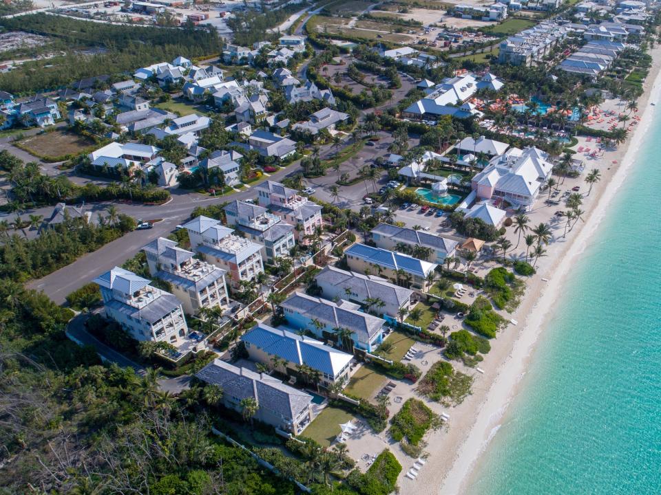 High angle view of buildings by sea in Nassau, Bahamas.