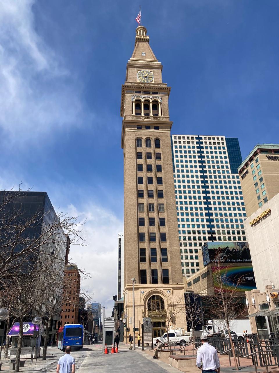 Daniels And Fisher Tower 16th Street Mall in spring 2022 in Denver, the Mile High City.