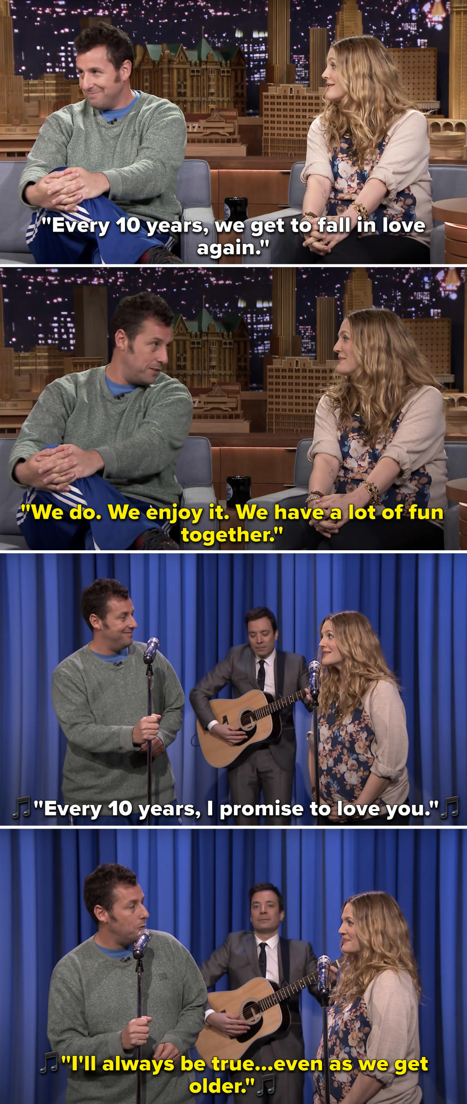 Adam Sandler and Drew Barrymore singing on "The Tonight Show with Jimmy Fallon" as Jimmy Fallon plays guitar