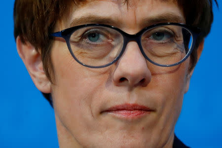 FILE PHOTO: Annegret Kramp-Karrenbauer gives a statement during a Christian Democratic Union (CDU) leadership meeting in Berlin, Germany July 1, 2018. REUTERS/Hannibal Hanschke/File Photo