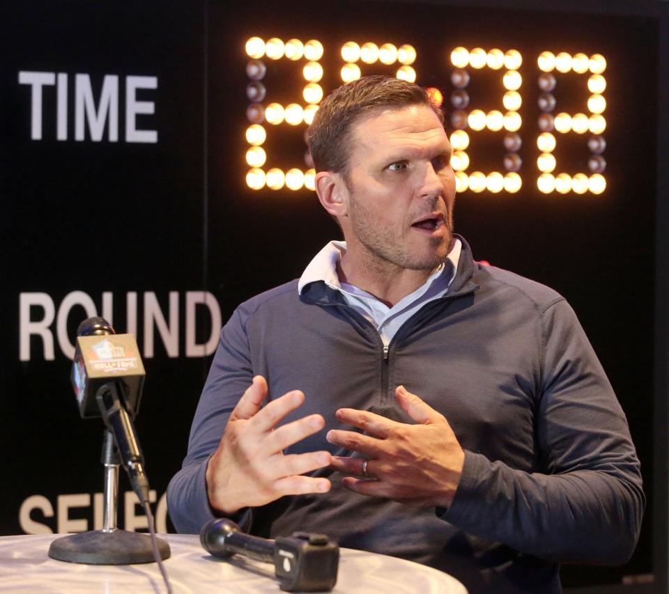 Tony Boselli speaks to the media at the Pro Football Hall of Fame in Canton on Monday, March 7, 2022. Boselli is a member of the Class of 2022.