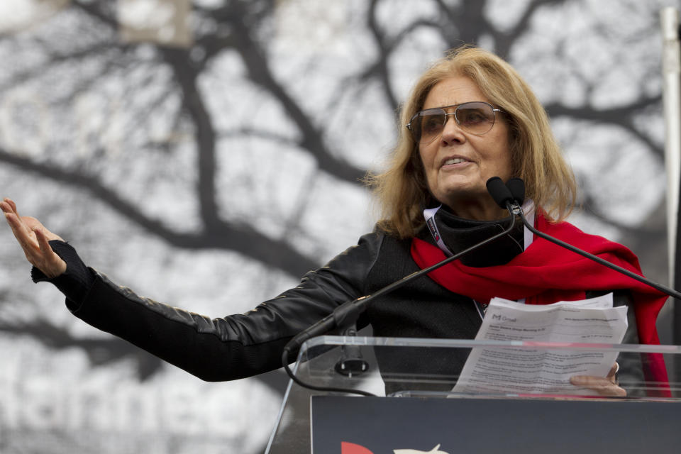 FILE - Writer and political activist Gloria Steinem speaks to the crowd during the Women's March on Washington, Jan. 21, 2017, in Washington. Steinem credits a “speak-out” meeting she attended on abortion in her 30s as the moment she pivoted from journalism to activism — and finally felt enabled to speak about her own secret abortion. (AP Photo/Jose Luis Magana, File)