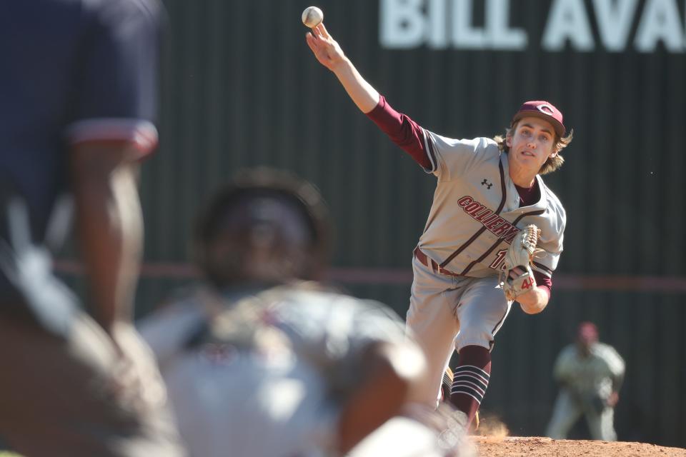 Collierville's Grayson Saunier pitches against Houston during the District 15-AAA baseball championship in May 2021.