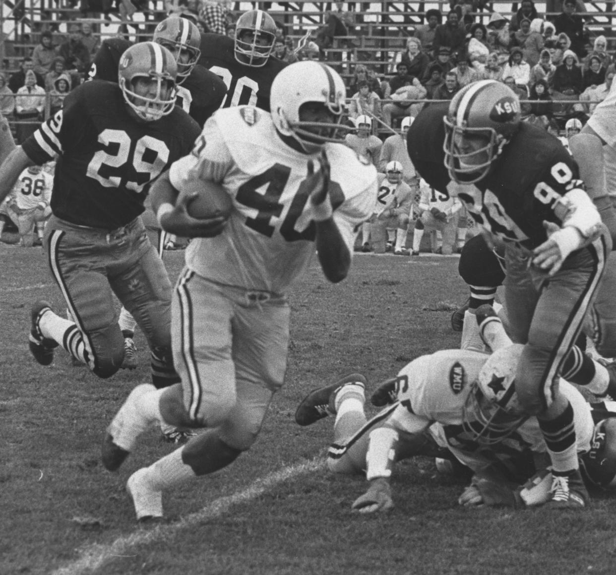 Kent State linebacker Jack Lambert (right) gets set to make a tackle in a 1972 game.