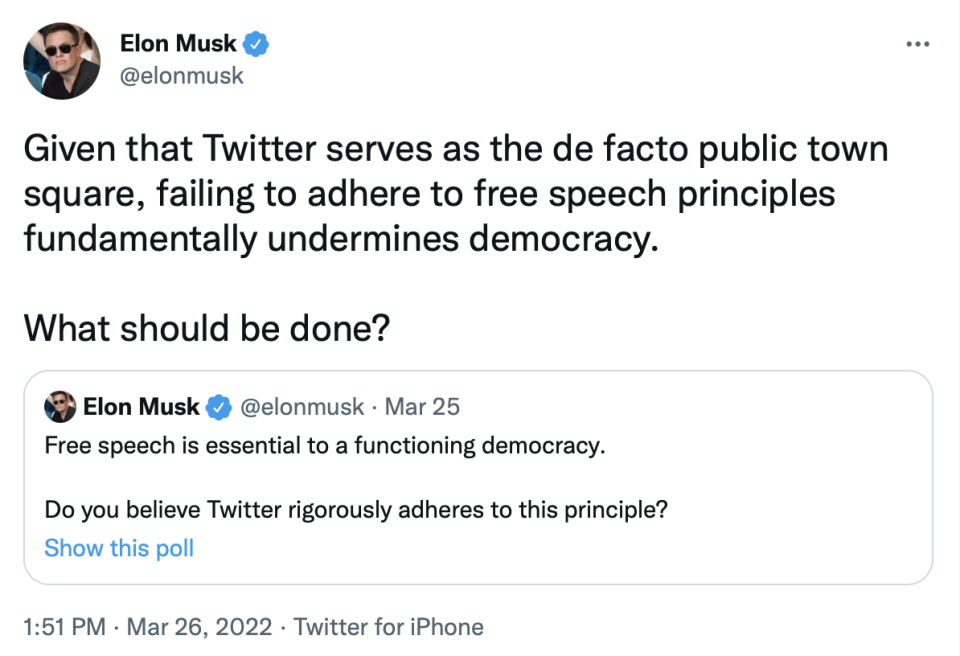 Tweets posted to Tesla CEO Elon Musk&#39;s Twitter account on March 25, 2022 and March 26, 2022
