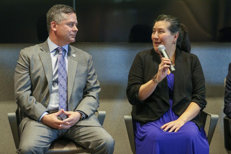Nevada Assembly Speaker Steve Yeager listens as Nevada state Sen. Rochelle Nguyen during the Deseret Elevate Forum at the Las Vegas Metro Chamber of Commerce in Las Vegas, Nev., on Tuesday, Oct. 24, 2023. | Ian Maule, for the Deseret News