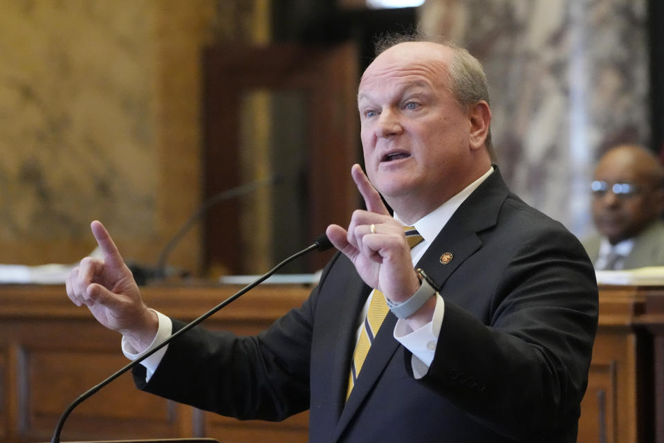 Mississippi State Sen. Brice Wiggins, R-Pascagoula, gestures while speaking at the well before the body in the Senate chamber at the state Capitol in Jackson, Miss., Thursday, May 2, 2024. (AP Photo/Rogelio V. Solis)