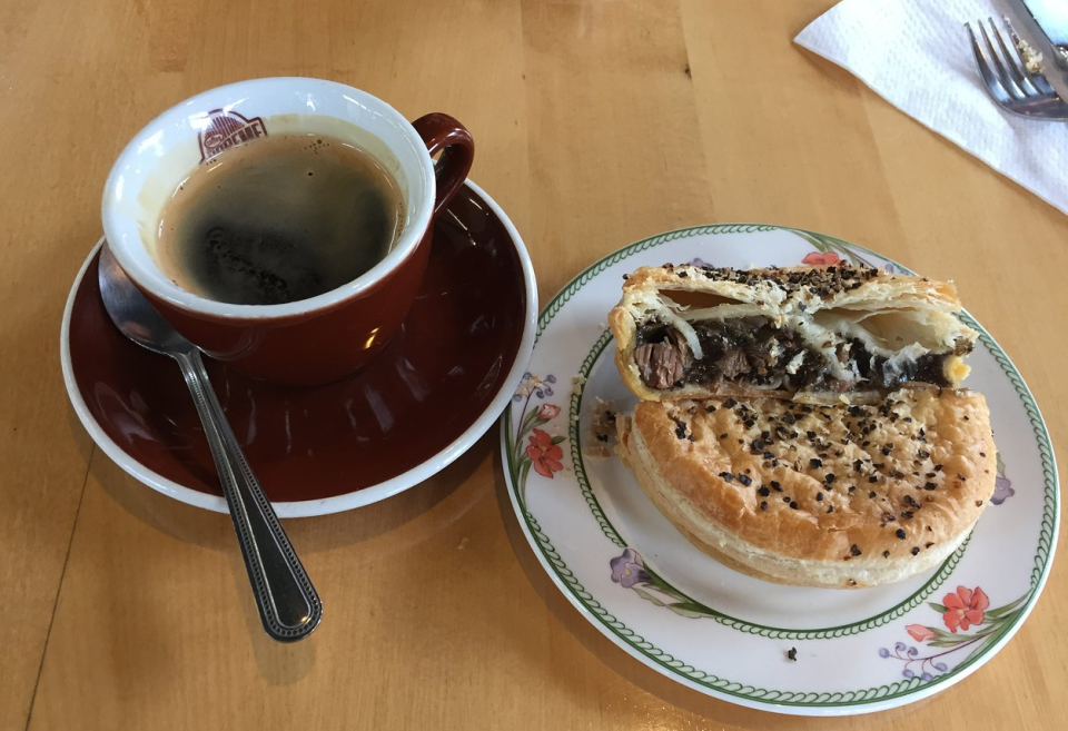 Photo of a pie and coffee from the Springfield cafe in New Zealand.