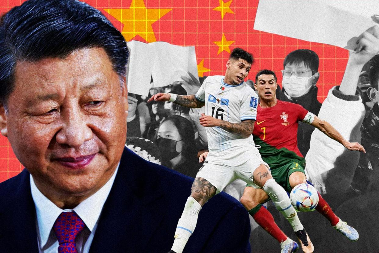 Während die Welt bei der WM in Katar den Fußball feiert, schickt Chinas Staatsführer Xi Jinping sein Land wieder in den Corona-Lockdown. - Copyright: picture alliance/AP/Keita Iijima/Koki Kataoka/Athit Perawonmetha; Collage: Business Insider, Dominik Schmitt