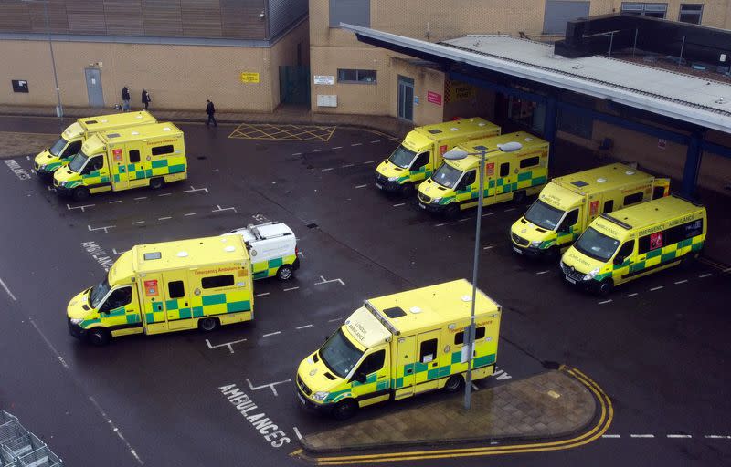 FILE PHOTO: Ambulances parked at Queen's Hopital in London