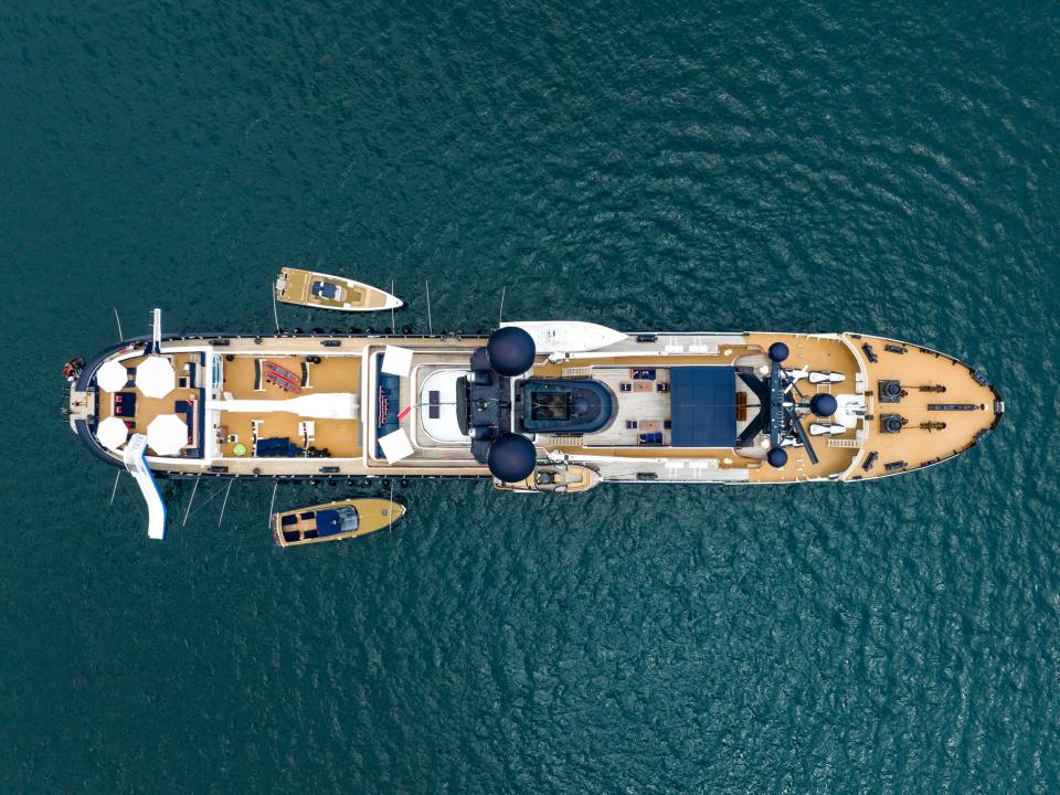 The aerial view of a ship in water