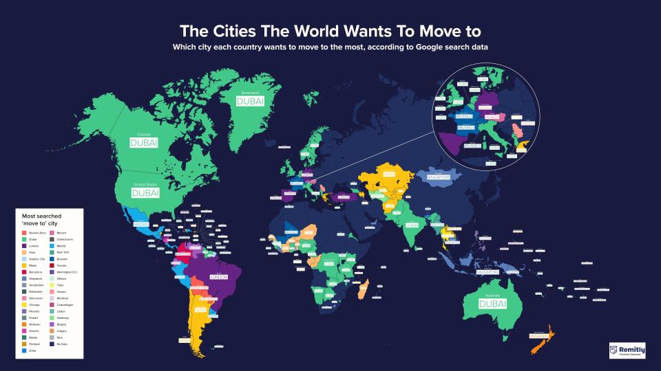 World map showing the city each country used in the ranking searched the most. | Remitly