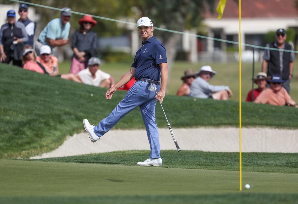 David Toms tries to use some body english to get a birdie putt closer to the 17th hole during the Galleri Classic at Mission Hills Country Club in Rancho Mirage, March 26, 2023.  