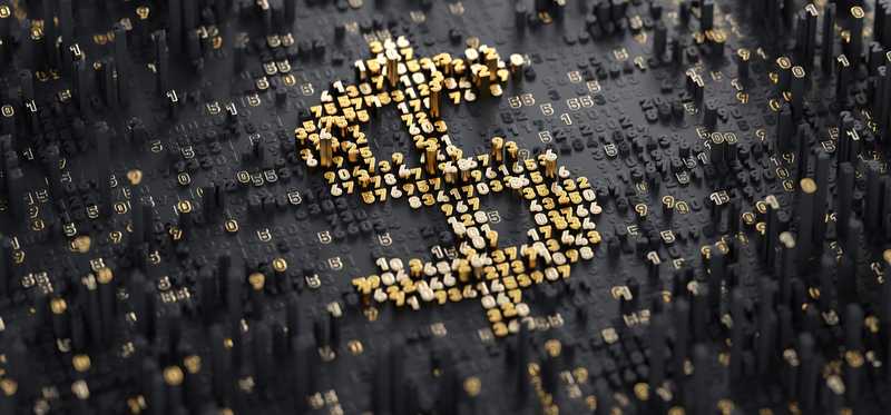 A gold dollar sign made up of small numbers on a black background.