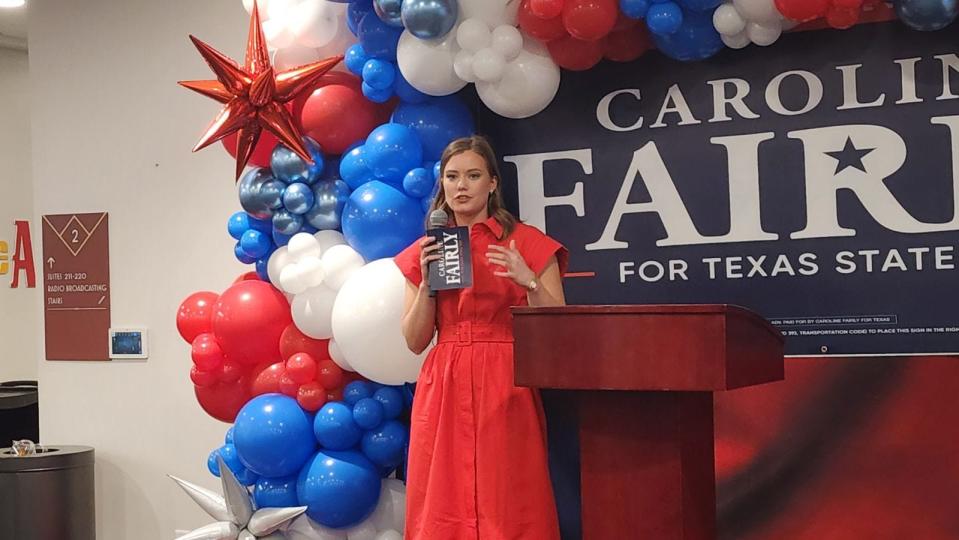 House District 87 candidate Caroline Fairly speaks during a watch party Tuesday night at Hodgetown. Fairly led the race in early election results with 10,635 votes or 60.33%.