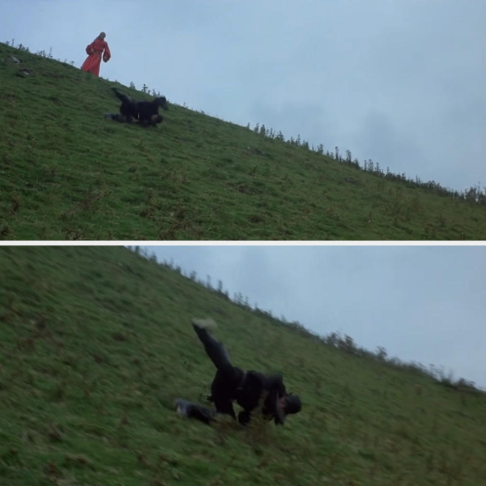 Westley rolls down a hill while Buttercup watches