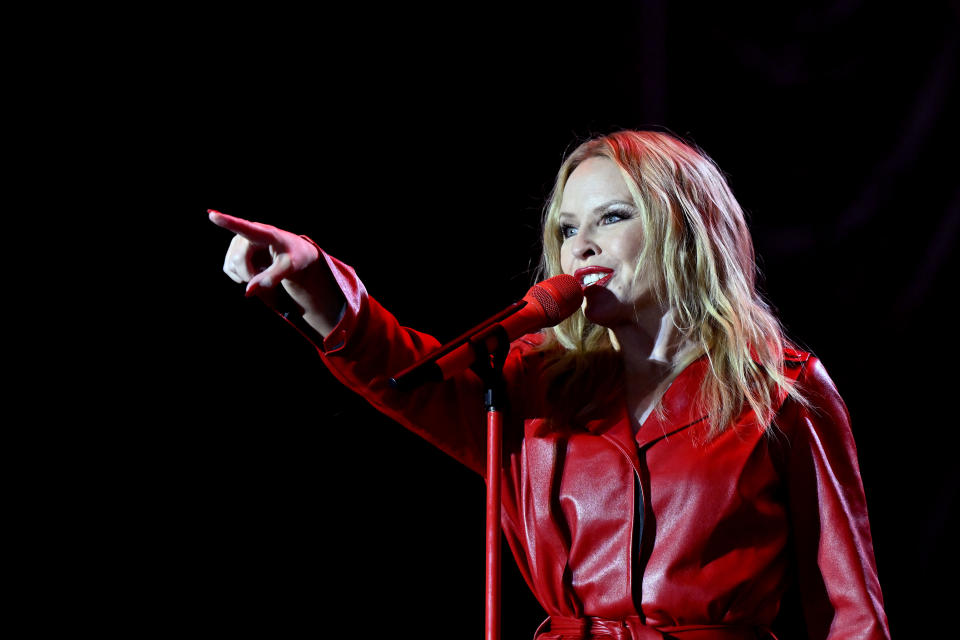 LAS VEGAS, NEVADA - NOVEMBER 16: Kylie Minogue performs ahead of the F1 Grand Prix of Las Vegas on November 16, 2023 in Las Vegas, Nevada. (Photo by David Becker - Formula 1/Formula 1 via Getty Images)