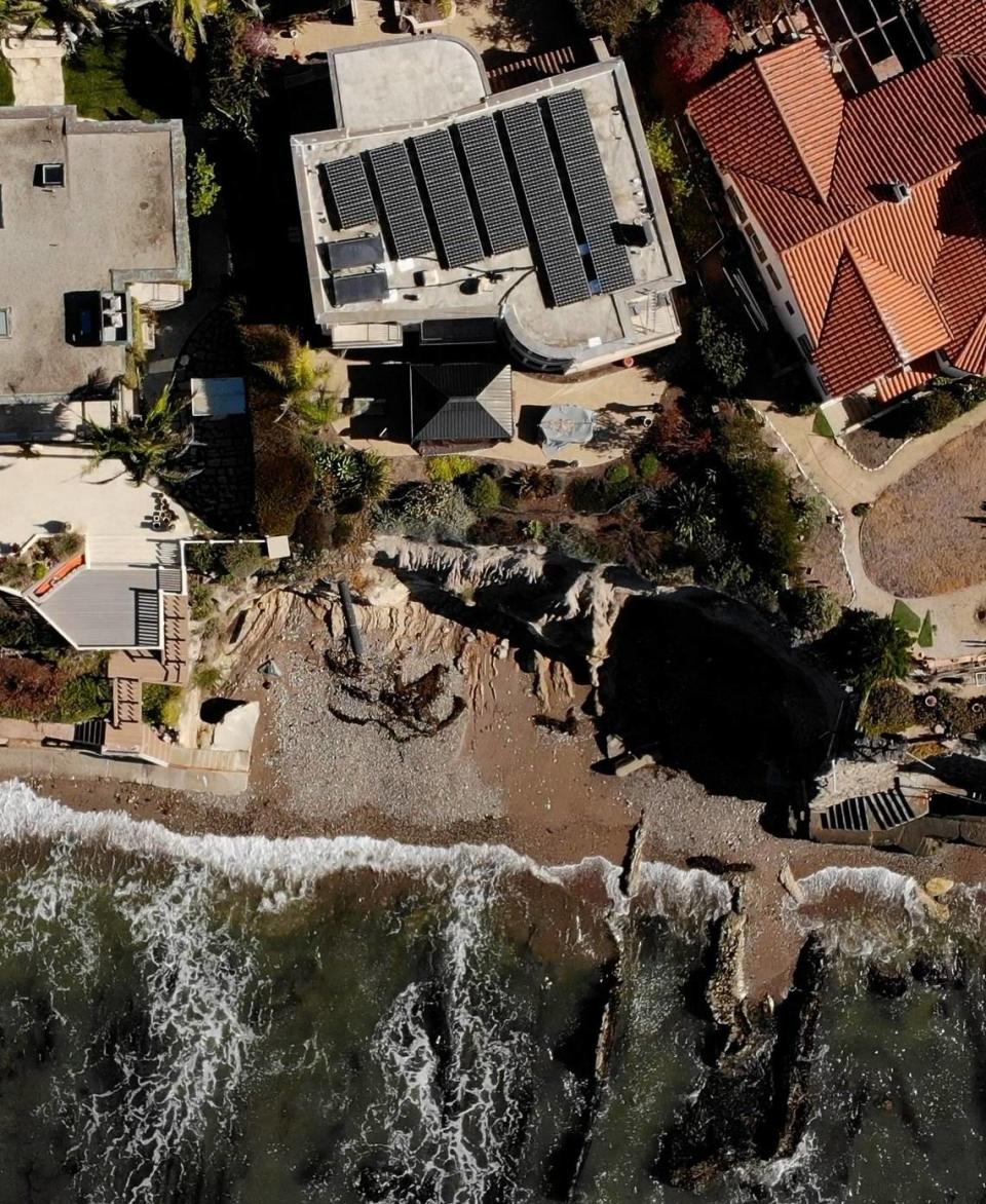 Dr. John Okerblom has been losing bluff to ocean erosion at his Pismo Beach house on Shoreline Drive, seen here Nov. 23, 2022. Neighbors with existing sea walls are not seeing erosion at the same rate. The California Coastal Commission has denied a request to build a sea wall.