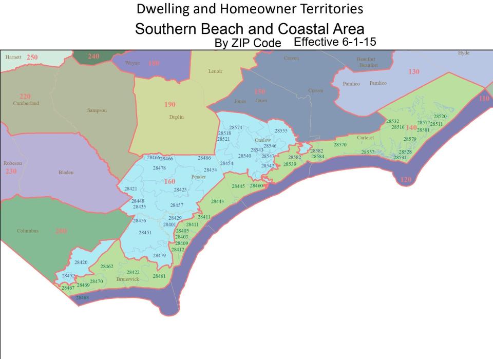 Much of Southeastern NC is the "140" territory, which would see some of the highest proposed dwelling insurance rate increases.