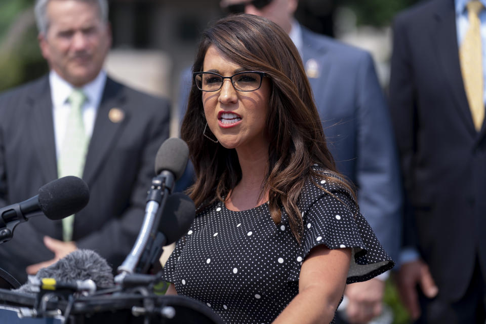 FILE - Rep. Lauren Boebert, R-Colo., speaks at a news conference held by members of the House Freedom Caucus on Capitol Hill in Washington, on July 29, 2021. Boebert has spoken by phone with Rep. Ilhan Omar, D-Minn., just days after likening her to a bomb-carrying terrorist. By both lawmakers' accounts, the call Monday did not go well. (AP Photo/Andrew Harnik, File)