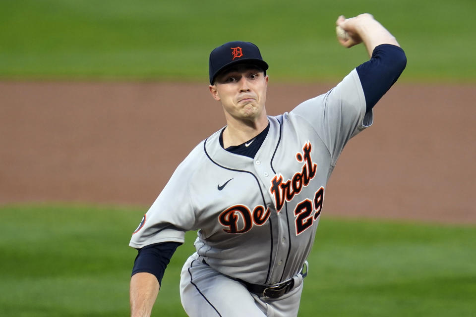 Detroit Tigers pitcher Tarik Skubal throws against the Minnesota Twins in the first inning of a baseball game Tuesday, Sept. 22, 2020, in Minneapolis. (AP Photo/Jim Mone)