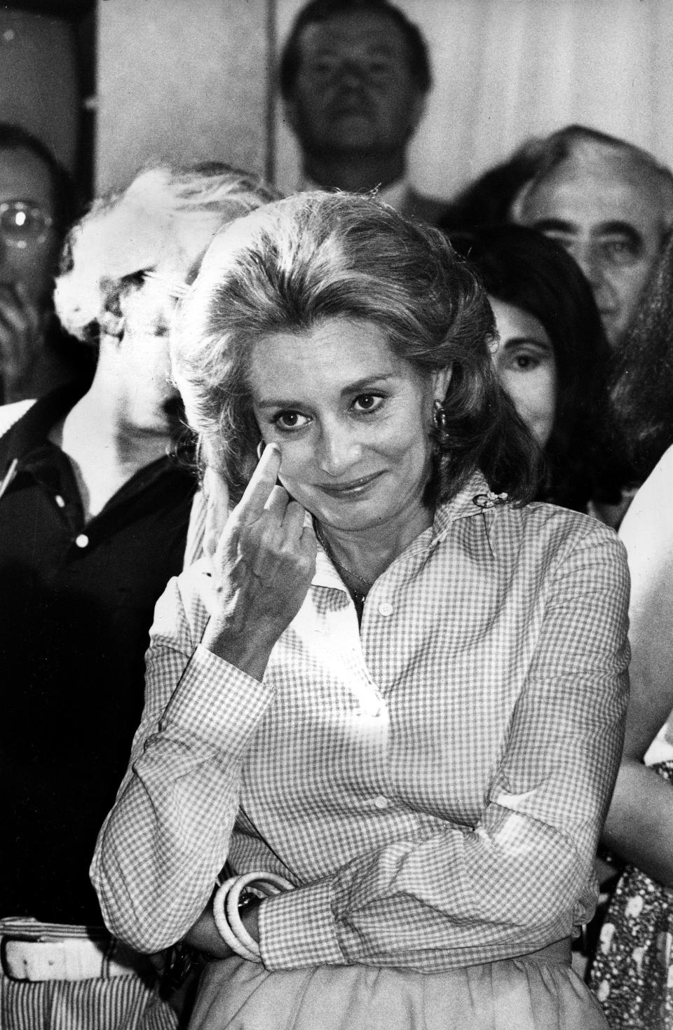 Barbara Walters, pictured in 1975, as she addresses staff members from the NBC &quot;Today&quot; show during a farewell party in the studios in New York after her final live appearance on the show. She moved to ABC to continue her long career.