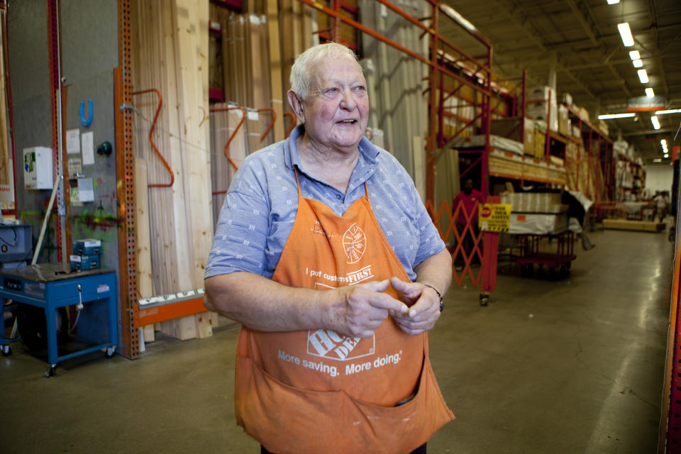 BOSTON, MA - AUGUST 13: Ben Hauptman, a senior citizen, works as a sales associate at Home Depot in the lumber department, on August 13, 2012 in Boston, Massachusetts. Hauptman has worked for the hardware store for 10 years. 'I retired and I just couldn't take it anymore,' he says. 'I came down here looking for a part-time job, but they wanted me full time. It keeps me out of trouble!' Home Depot employs many people past retirement age. Seniors are valued as employees for their experience and reliability. Many work because they like to stay active, while others also need the income to survive. (Photo by Melanie Stetson Freeman/The Christian Science Monitor via Getty Images)