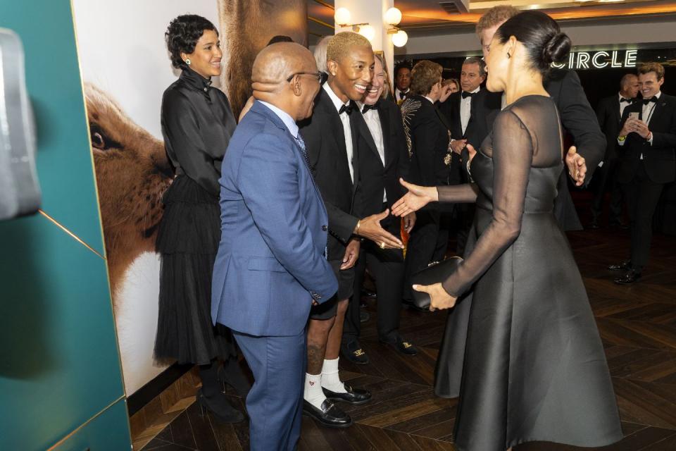 <p>All female members of the royal family are required to wear pantyhose in public, as <a href="https://www.cosmopolitan.com/entertainment/celebs/g18197742/meghan-markle-royal-protocol/?slide=1" rel="nofollow noopener" target="_blank" data-ylk="slk:protocol forbids bare legs;elm:context_link;itc:0;sec:content-canvas" class="link ">protocol forbids bare legs</a>. It's not required that celebs follow this rule, but it's encouraged. Looking at you, Pharrell.</p>