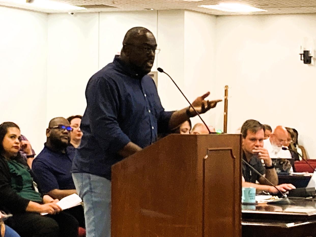 Robert Brooks asks the Rutherford County Board of Education Thursday, April 18, 2024, to retain existing public comment policy that allows people to speak on any school issue.
