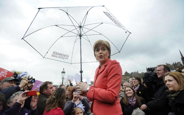 First Minister of Scotland and Leader of the Scottish National Party Nicola Sturgeon speaks at a campaign rally in central Edinburgh on May 6, 2015