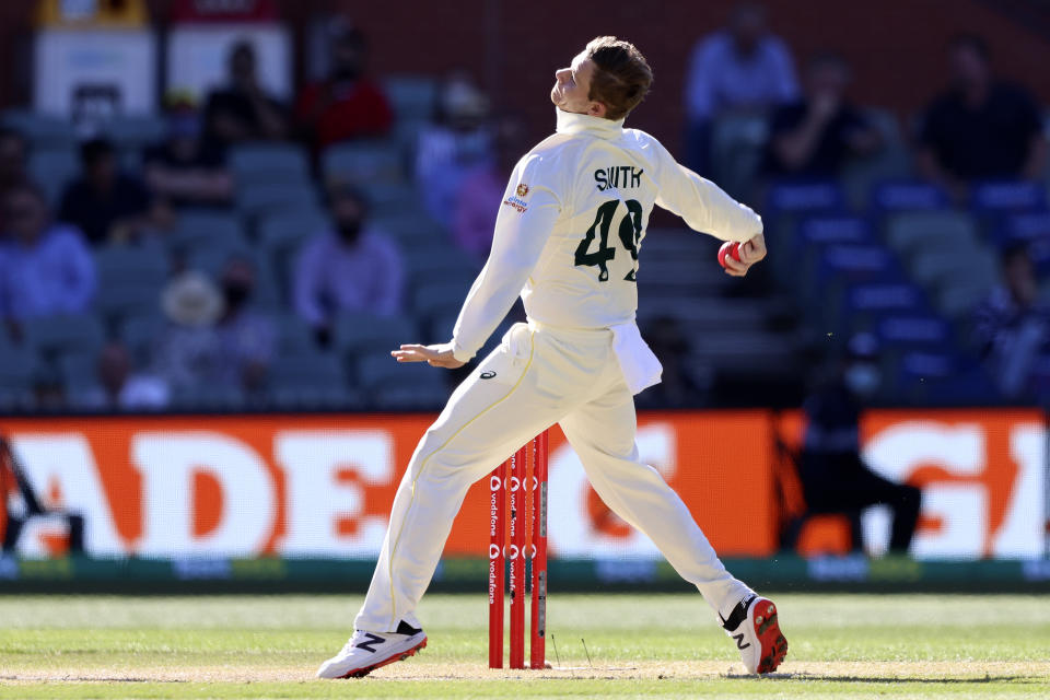 Australia's Steve Smith bowls to England during the fifth day of their Ashes cricket test match in Adelaide, Australia, Monday, Dec. 20, 2021. (AP Photo/James Elsby)