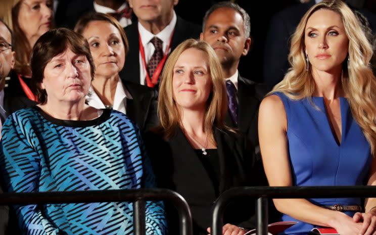 Candice Jackson, center, sits with Donald Trump’s daughter-in-law Lara Trump, right, during the town hall debate on Oct. 9, 2016, in St Louis. (Photo: Chip Somodevilla/Getty Images)