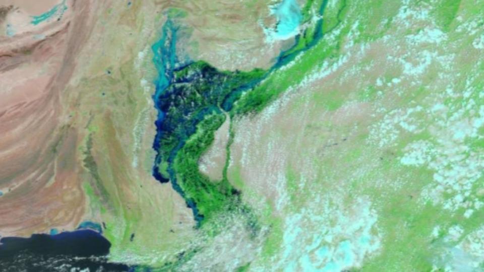 美國國家航空暨太空總署（NASA）的MODIS衛星感應器，28日拍到信德省（Sindh）出現一個寬100公里的「內陸湖」。（圖／翻攝自CNN）