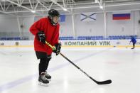 Valentina Fyodorova, 80, the captain of a senior women's hockey team, attends a training session in Bereznik