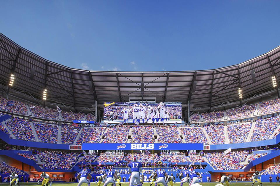 HOLD FOR STORY — This artist rendering, provided by the National Football League Buffalo Bills, Thursday, March 2, 2023, shows the teams's proposed new stadium. (Courtesy of Buffalo Bills via Populous, via AP)