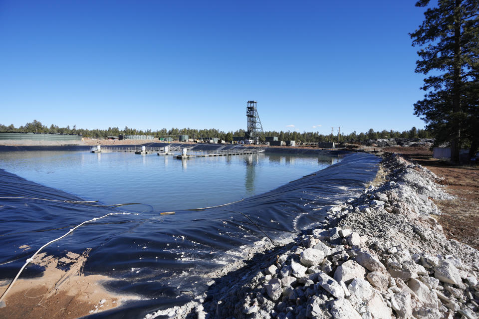 A pond at the Energy Fuels Inc. uranium Pinyon Plain Mine is shown on Wednesday, Jan. 31, 2024, near Tusayan, Ariz. The largest uranium producer in the United States is ramping up work just south of Grand Canyon National Park on a long-contested project that largely has sat dormant since the 1980s. (AP Photo/Ross D. Franklin)