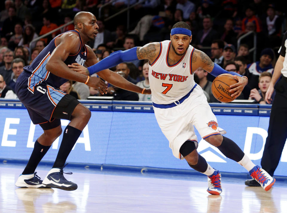 Carmelo Anthony（持球者）。（Noah K. Murray-USA TODAY Sports）