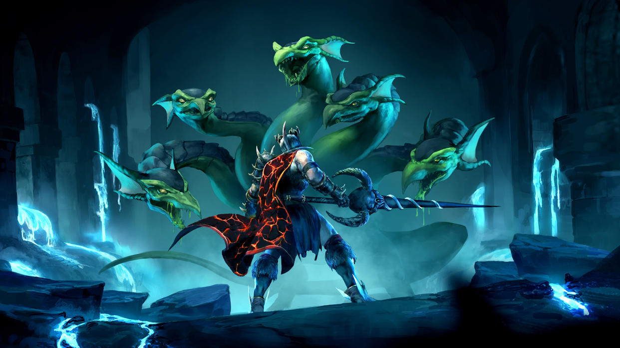  A warrior takes on a hydra in keyart for Old School RuneScape. 