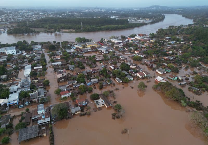 Houses are seen in a flooded area after an extratropical cyclone hit southern cities, in Lajeado