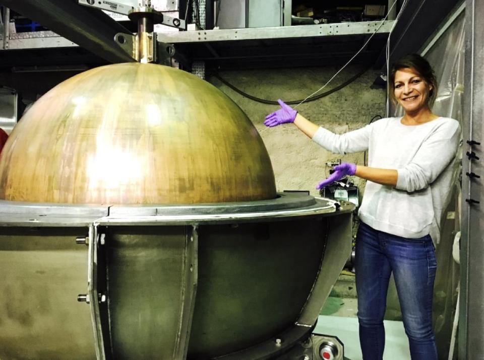 A spherical proportional counter detector at the Modane underground laboratory in 2019. It had a spherical copper vessel filled with a noble gas to search for dark matter.  (Submitted by Marie-Cécile Piro - image credit)