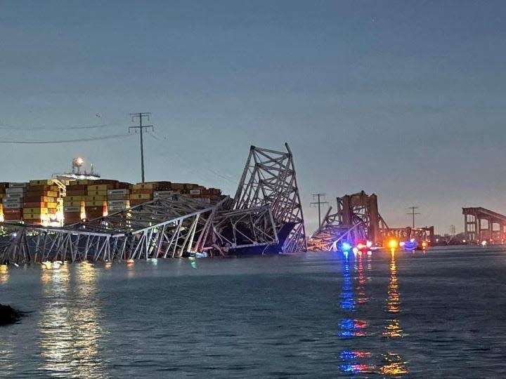 A view of the Singapore-flagged container ship 'Dali' after it collided with a pillar of the Francis Scott Key Bridge in Baltimore, Maryland, U.S., in this picture released on March 26, 2024.