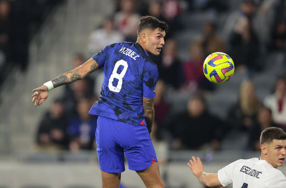 LOS ANGELES, CALIFORNIA - JANUARY 25: Brandon Vazquez #8 of the United States scores his head shot goal during a game between Serbia and USMNT at BMO Stadium on January 25, 2023 in Los Angeles, CA. (Photo by Robert Mora/ISI Photos/Getty Images)